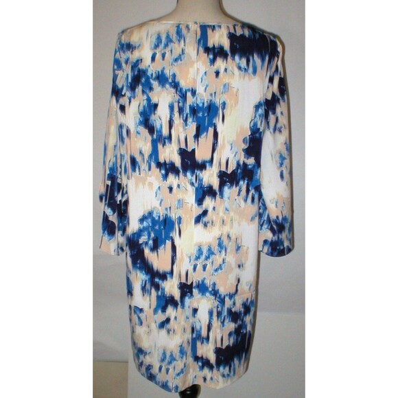 Womens 10 NWT $145 NYDJ Mosaic Shift Dress Blue Peach White Slit Sleeves Silky - Picture 5 of 7